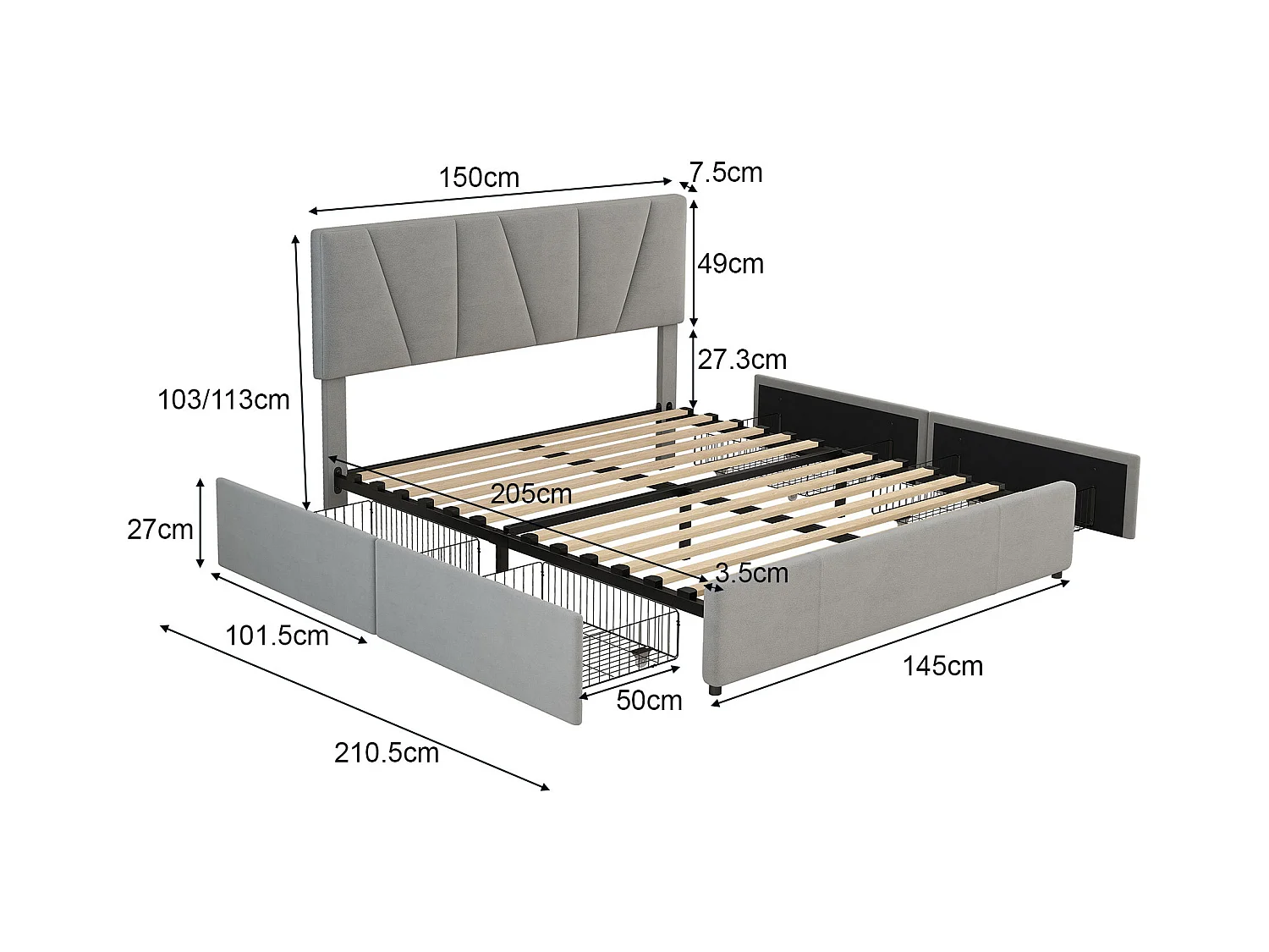 Lit double 140x200 cm - Lit adulte avec 4 tiroirs et tête de lit réglable - velours gris