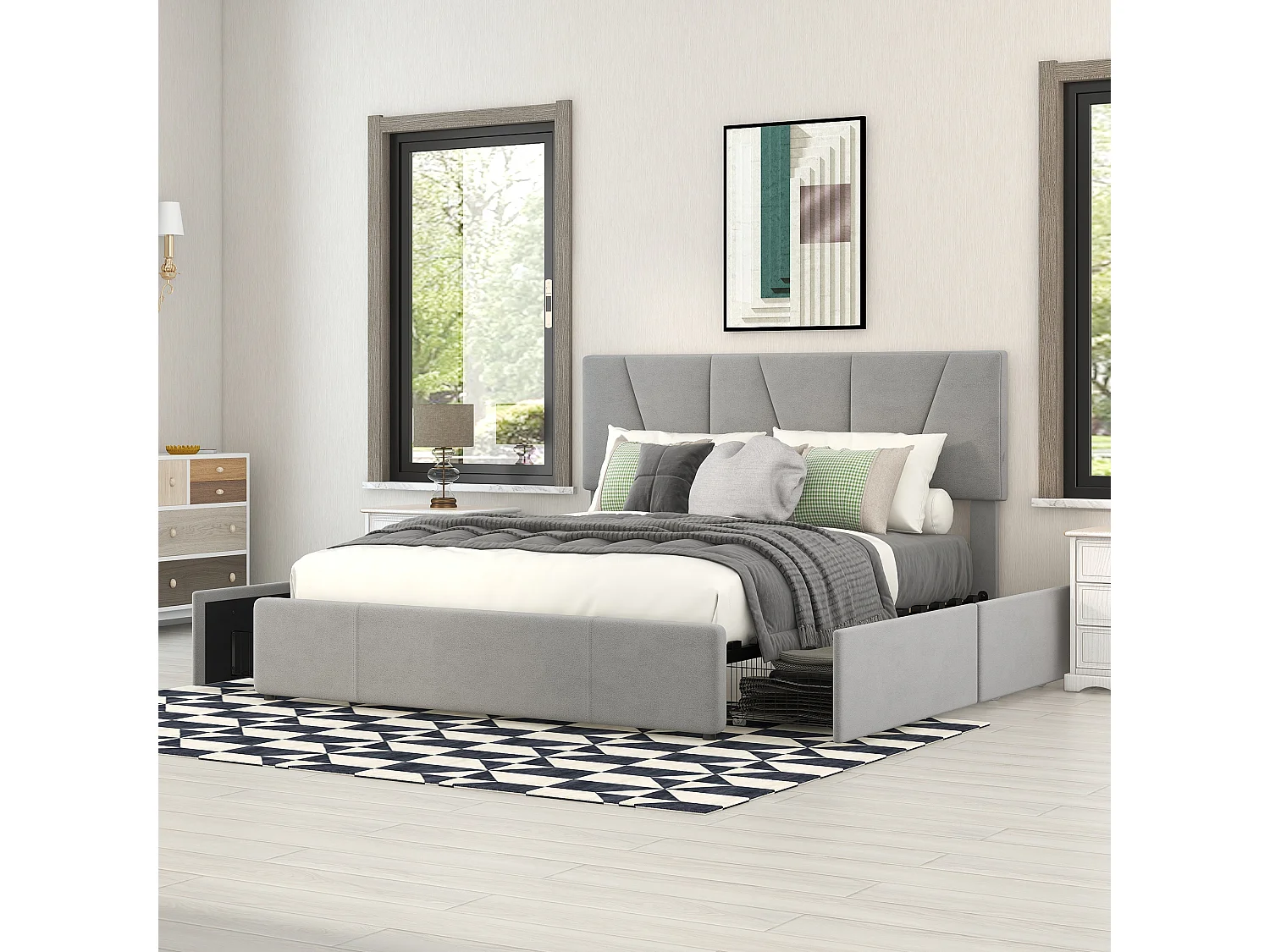 Lit double 140x200 cm - Lit adulte avec 4 tiroirs et tête de lit réglable - velours gris