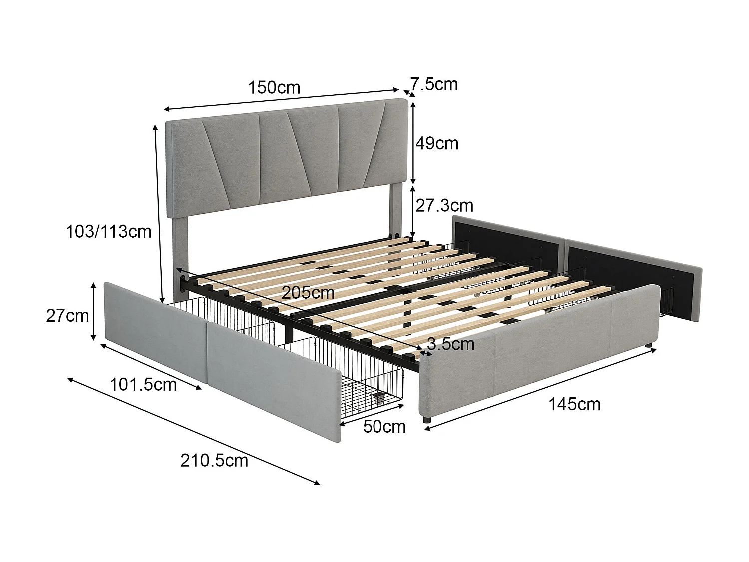 Lit double 140x200 cm - Lit adulte avec 4 tiroirs et tête de lit réglable - velours gris