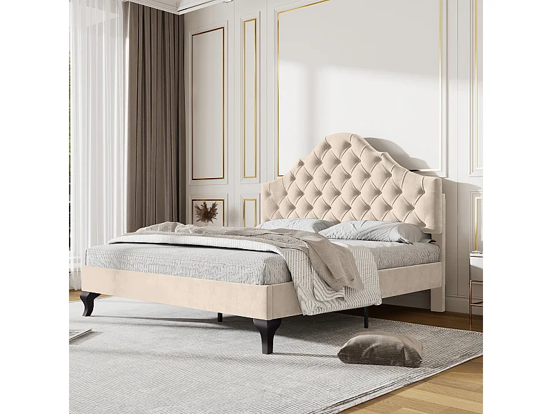 Lit adulte 140x190 cm - Lit ado avec tête de lit réglable et sommier à lattes - velours beige