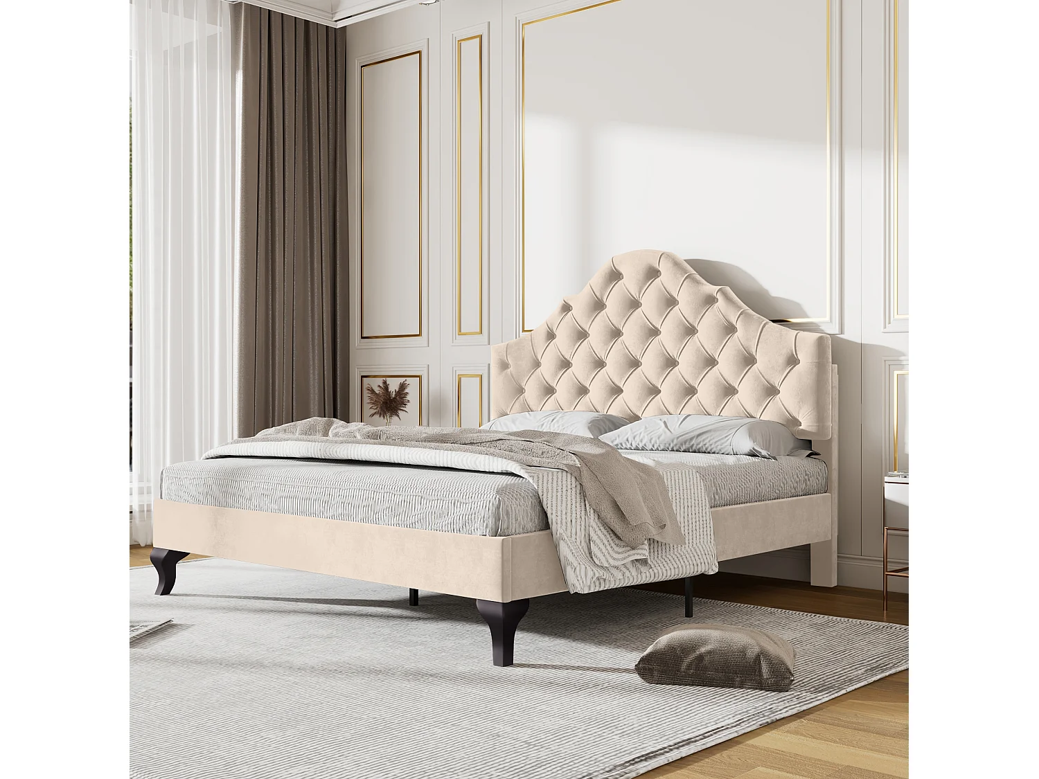 Lit adulte 140x190 cm - Lit ado avec tête de lit réglable et sommier à lattes - velours beige