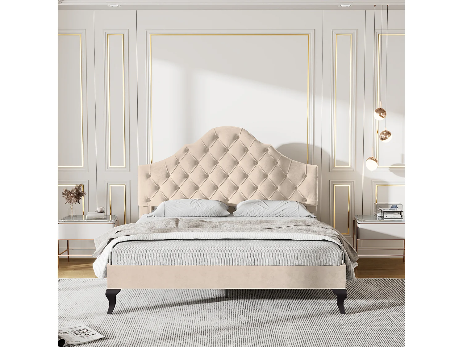 Lit adulte 140x190 cm - Lit ado avec tête de lit réglable et sommier à lattes - velours beige