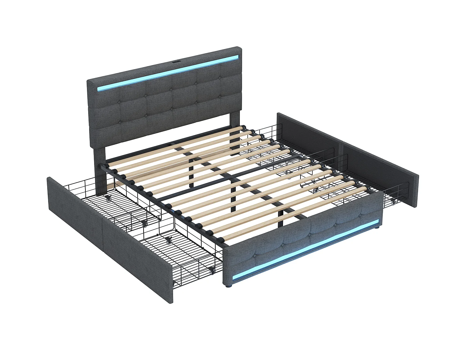 Lit adulte 140x200cm avec LED, lit adulte, ports USB et 4 tiroirs de rangement, en tissu lin gris(sans matelas)