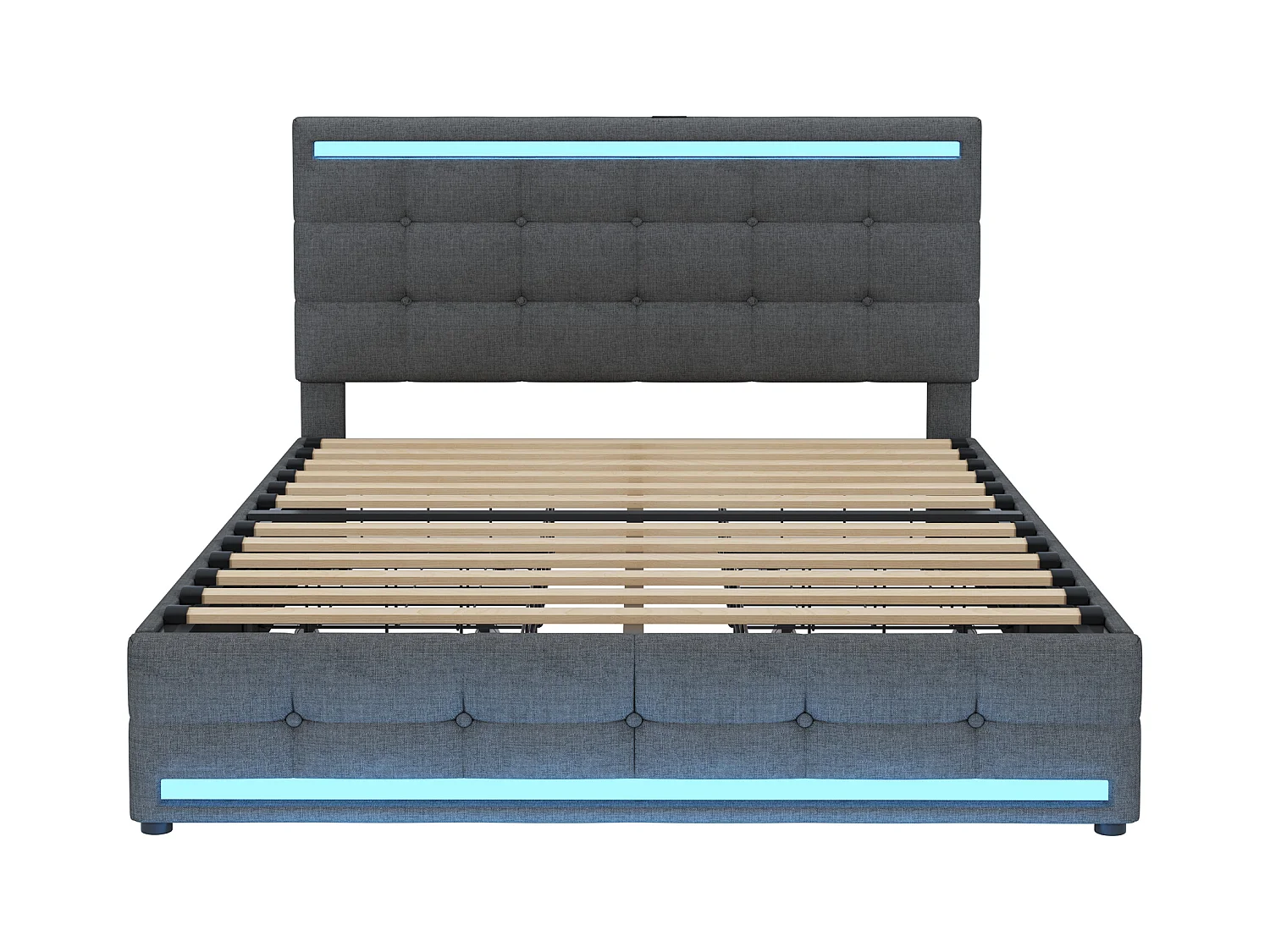 Lit adulte 140x200cm avec LED, lit adulte, ports USB et 4 tiroirs de rangement, en tissu lin gris(sans matelas)