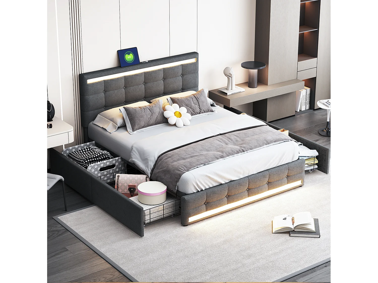 Lit adulte 140x200cm avec LED, lit adulte, ports USB et 4 tiroirs de rangement, en tissu lin gris(sans matelas)