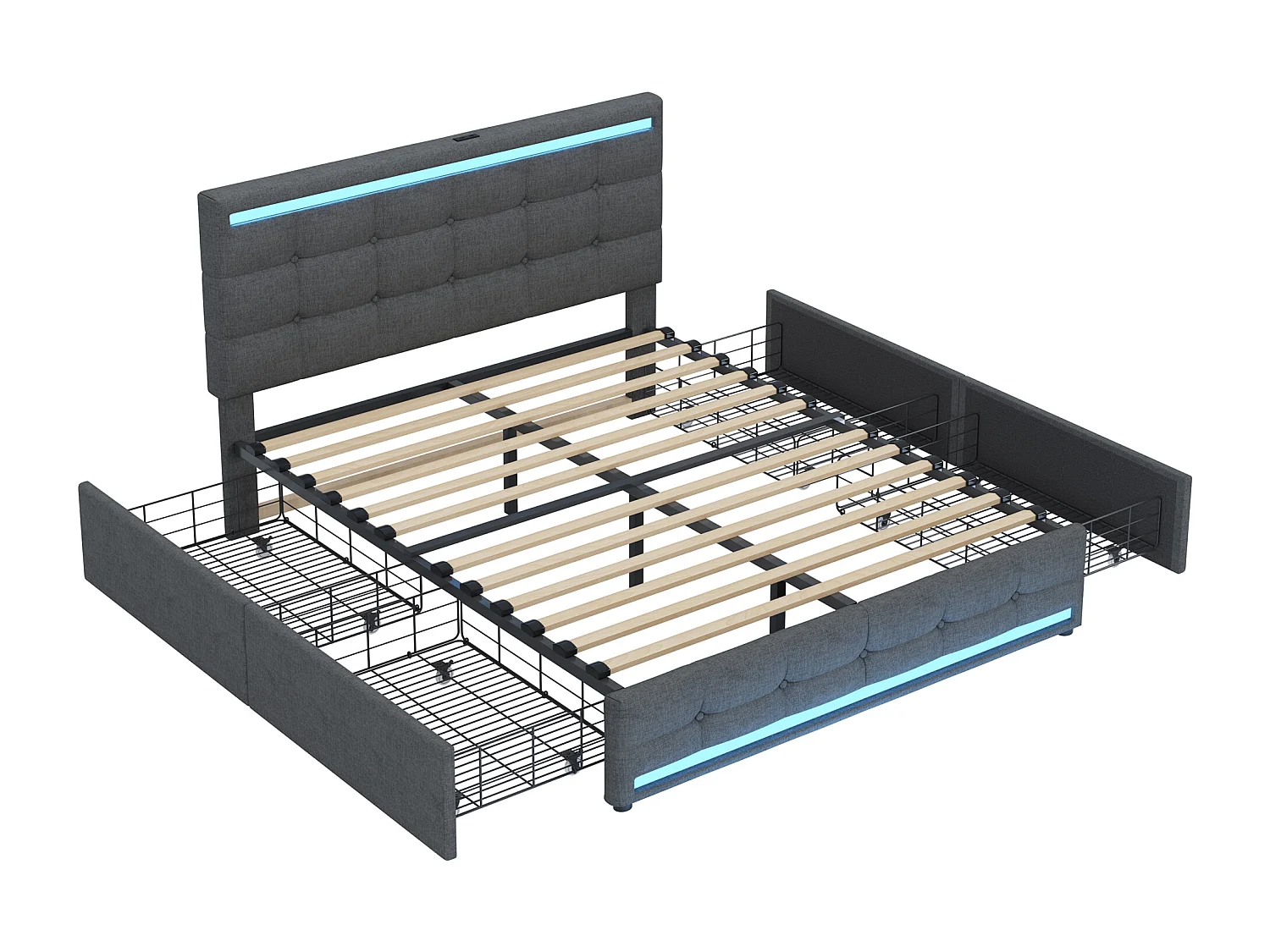 Lit adulte 140x200cm avec LED, lit adulte, ports USB et 4 tiroirs de rangement, en tissu lin gris(sans matelas)