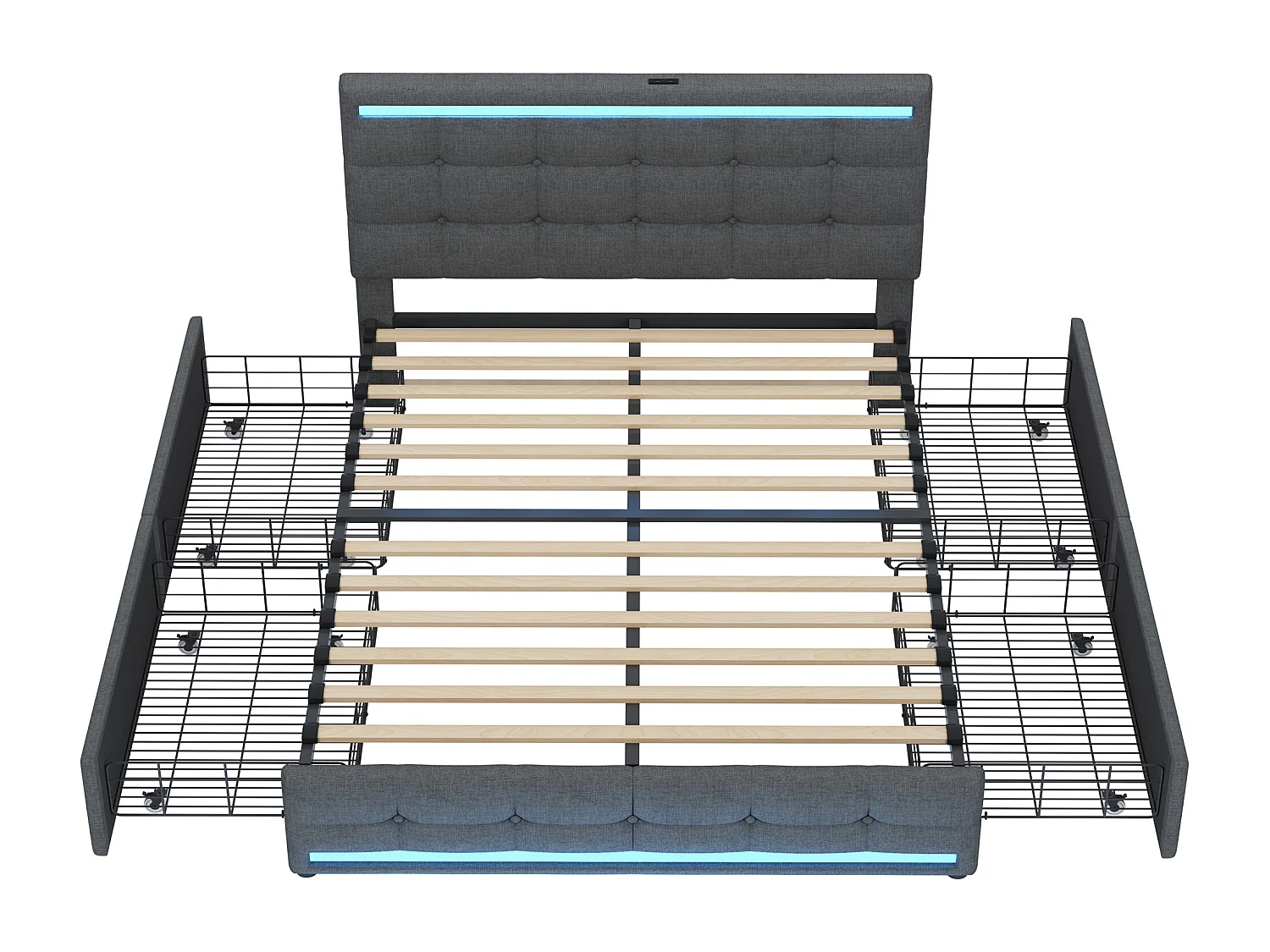 Lit adulte 140x200cm avec LED, lit adulte, ports USB et 4 tiroirs de rangement, en tissu lin gris(sans matelas)