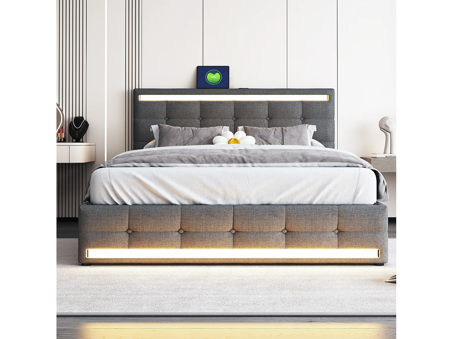 Lit adulte 140x200cm avec LED, lit adulte, ports USB et 4 tiroirs de rangement, en tissu lin gris(sans matelas)