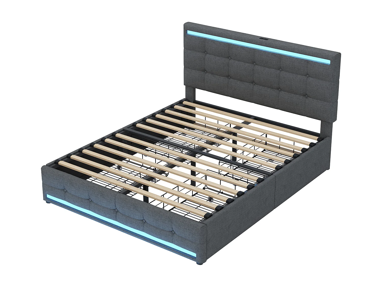 Lit adulte 140x200cm avec LED, lit adulte, ports USB et 4 tiroirs de rangement, en tissu lin gris(sans matelas)