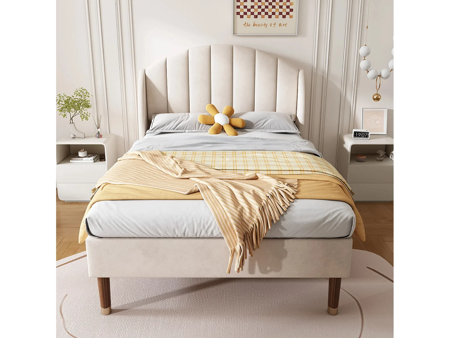 Lit enfant 90x200 cm - Lit simple avec tête de lit et sommier à lattes en bois - velours beige