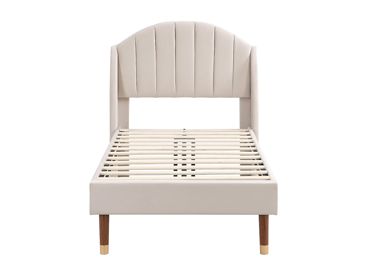 Lit enfant 90x200 cm - Lit simple avec tête de lit et sommier à lattes en bois - velours beige