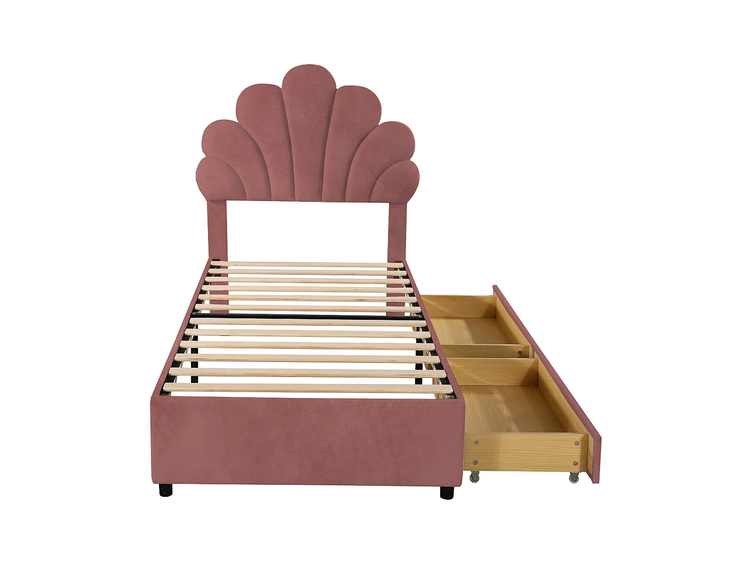 Lit enfant simple 90x200 cm rose en velours, lit adulte avec 2 tiroirs de rangement, sans matelas