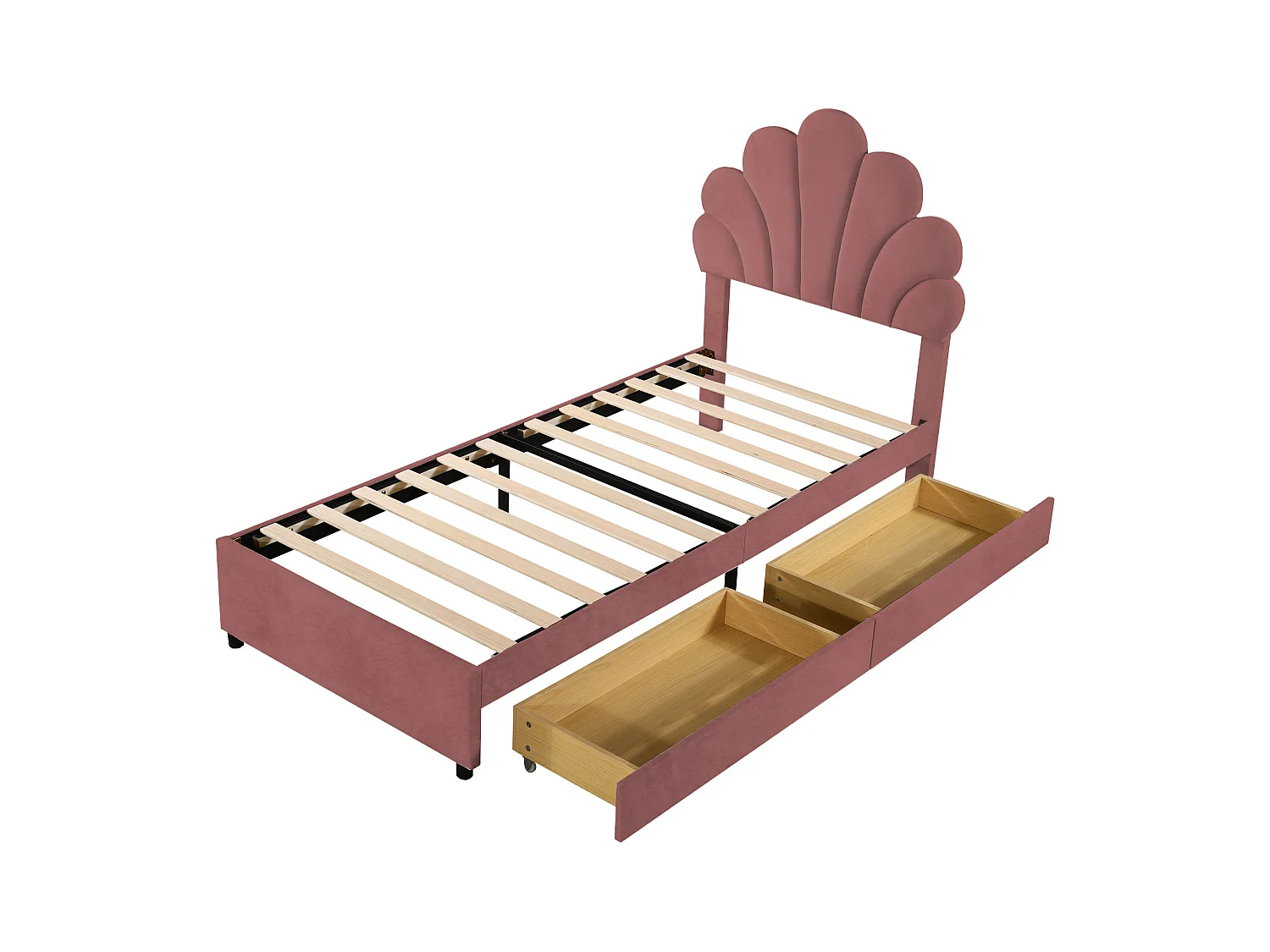 Lit enfant simple 90x200 cm rose en velours, lit adulte avec 2 tiroirs de rangement, sans matelas
