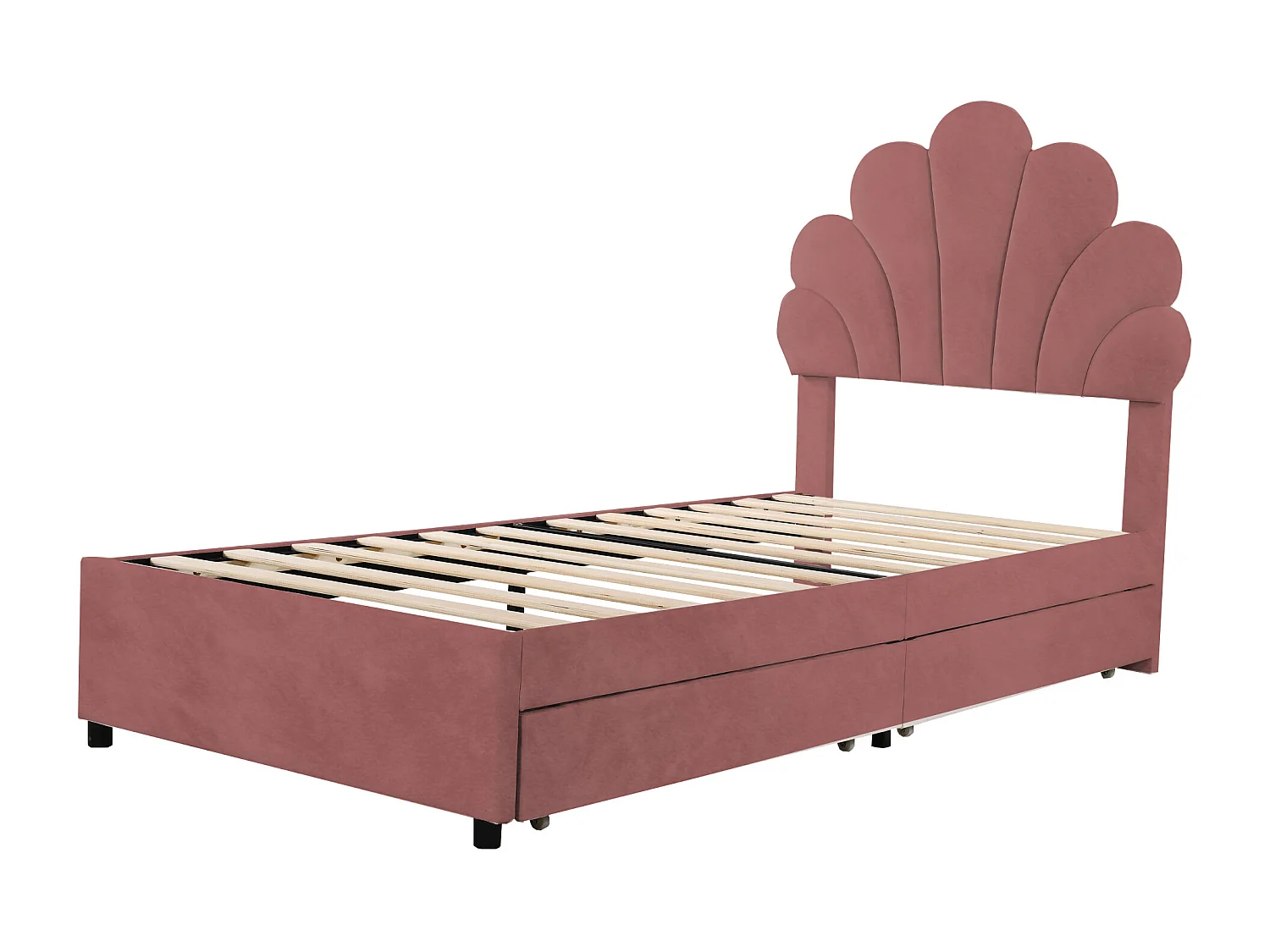 Lit enfant simple 90x200 cm rose en velours, lit adulte avec 2 tiroirs de rangement, sans matelas