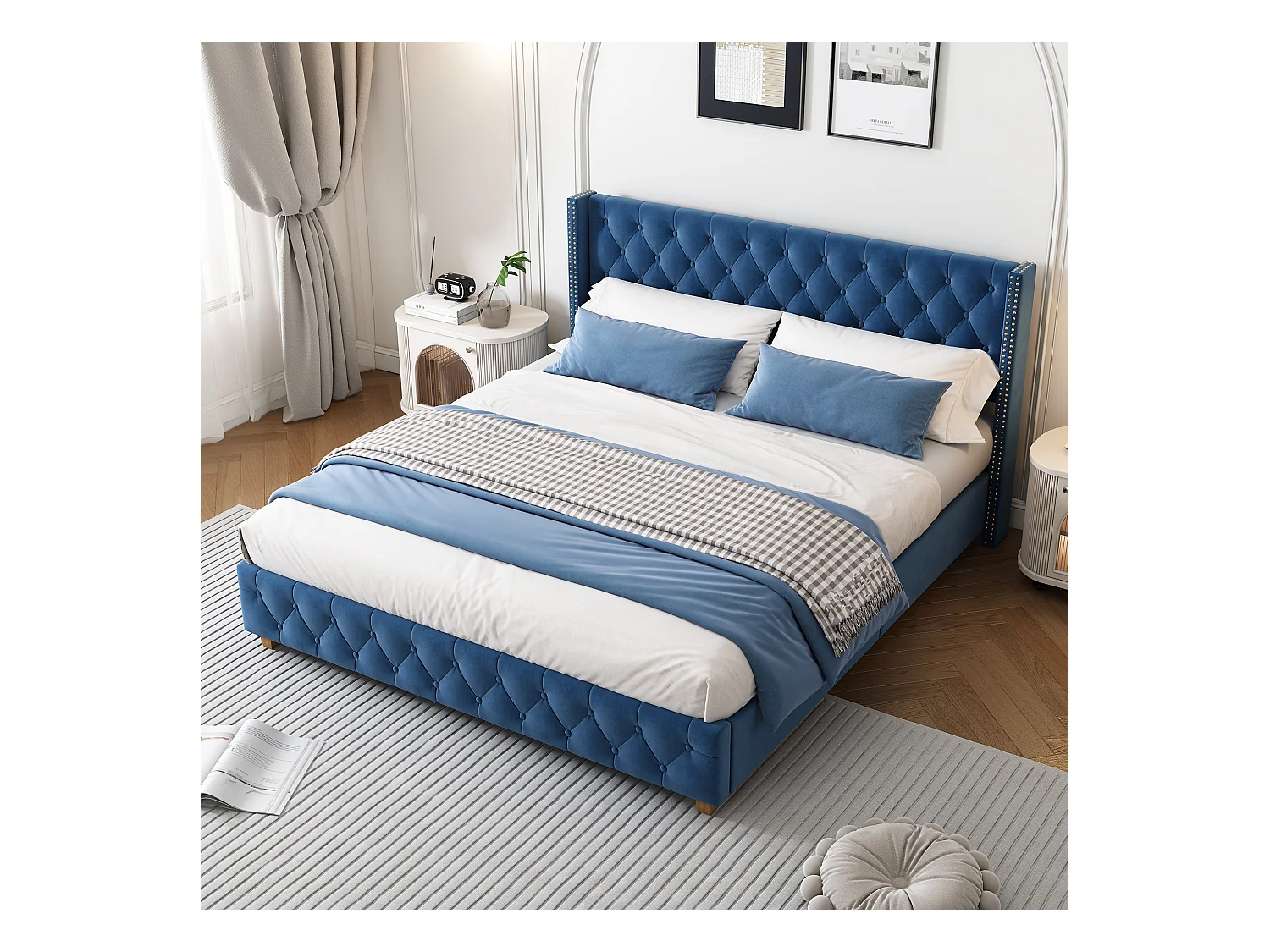 Lit adulte 160x200 cm - Lit double avec tête de lit et sommier à lattes en bois - velours bleu