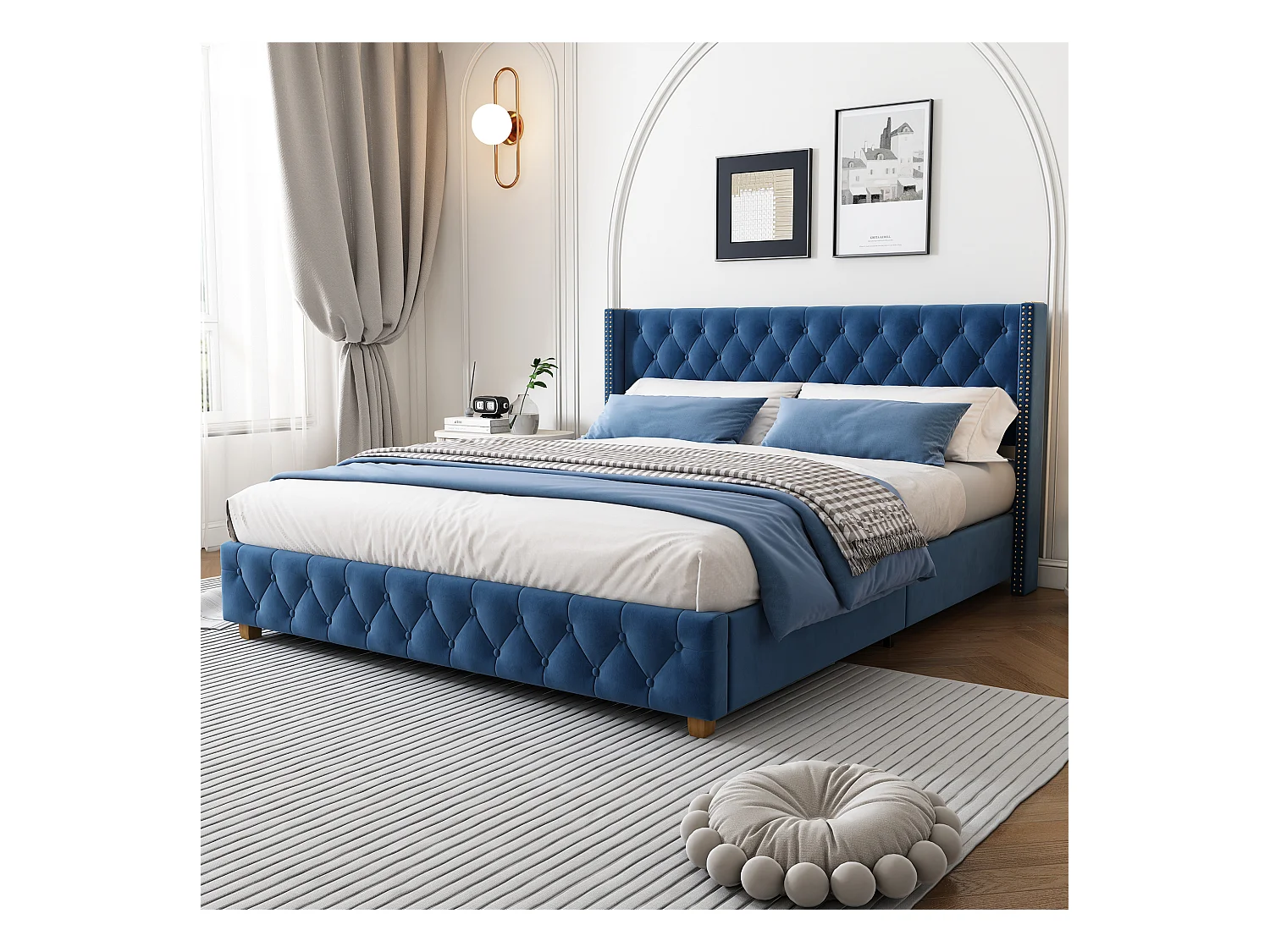 Lit adulte 160x200 cm - Lit double avec tête de lit et sommier à lattes en bois - velours bleu