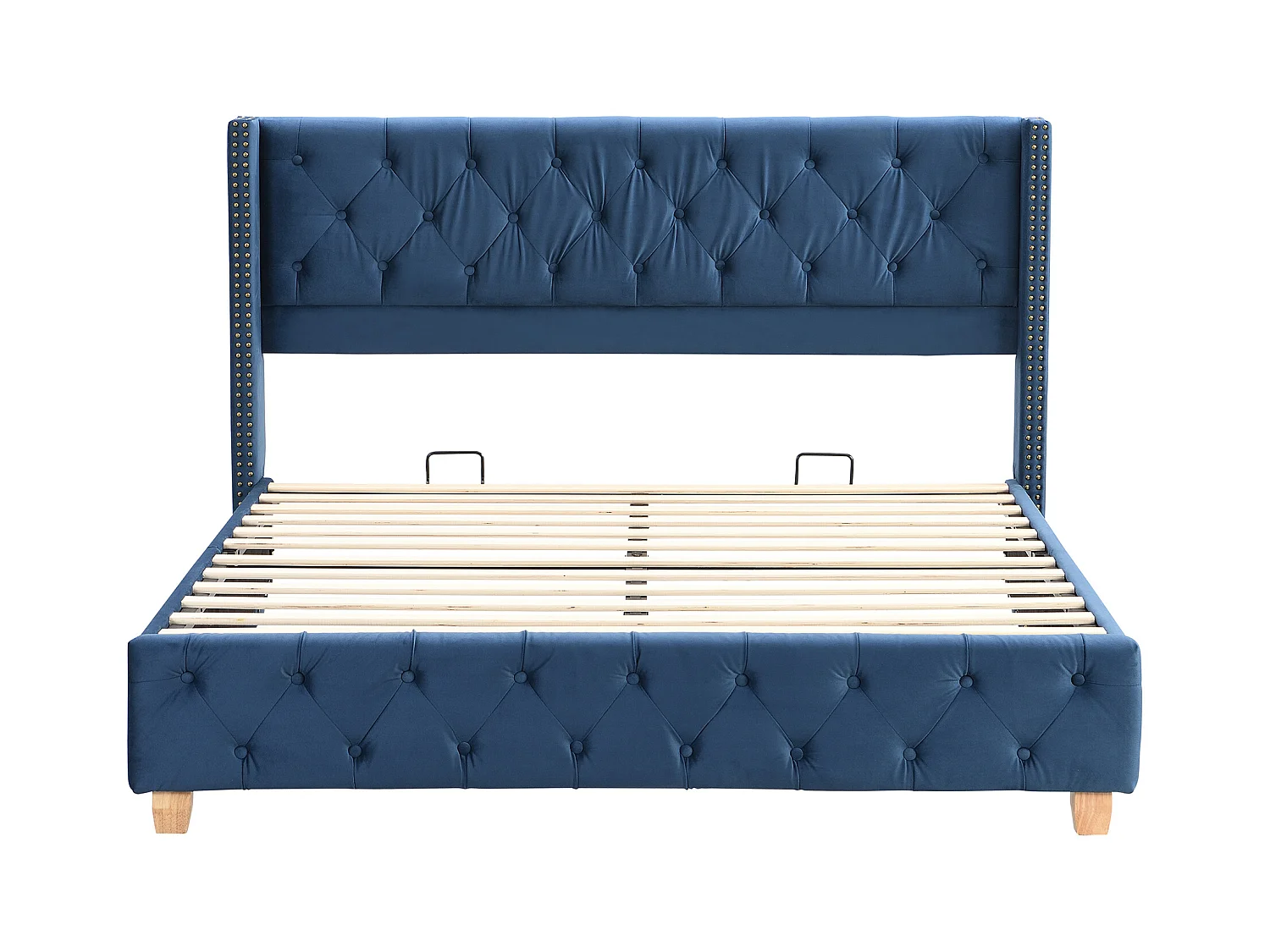 Lit adulte 160x200 cm - Lit double avec tête de lit et sommier à lattes en bois - velours bleu