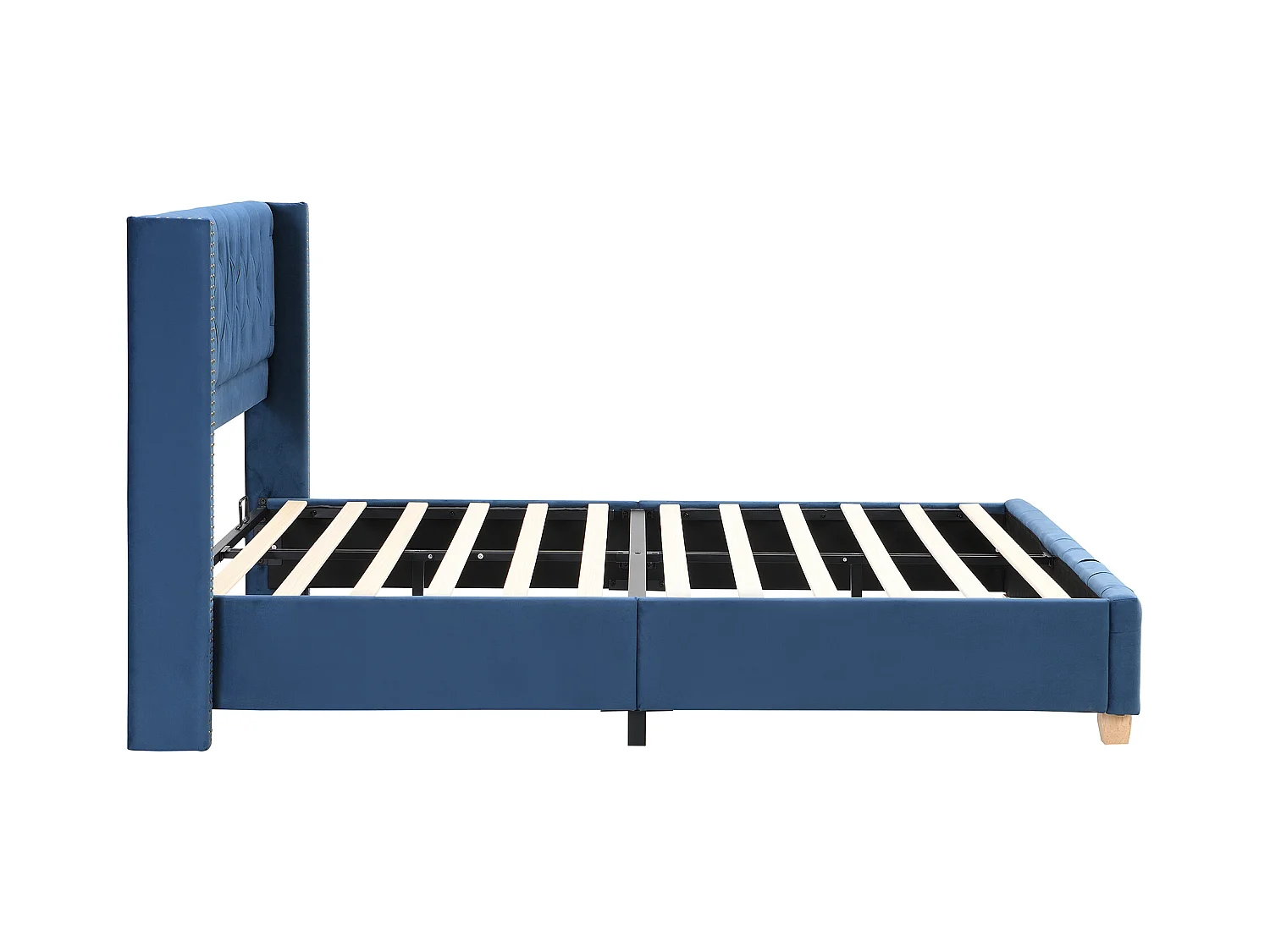 Lit adulte 160x200 cm - Lit double avec tête de lit et sommier à lattes en bois - velours bleu