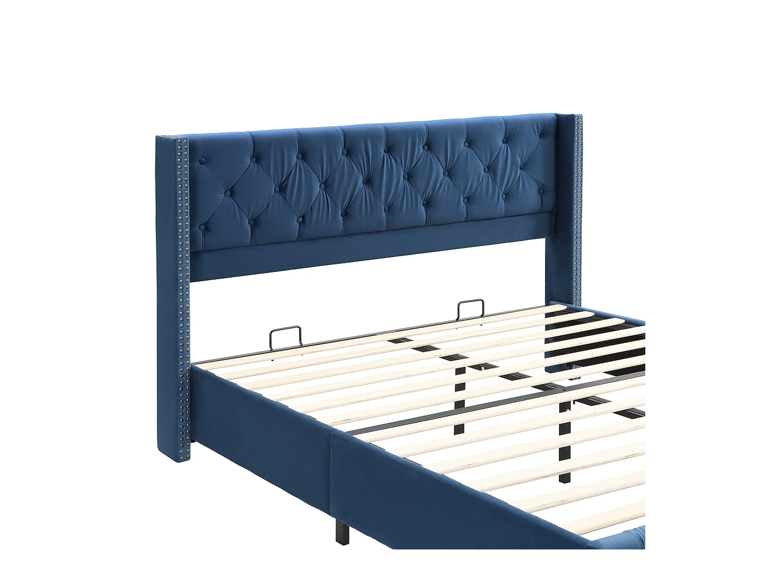 Lit adulte 160x200 cm - Lit double avec tête de lit et sommier à lattes en bois - velours bleu