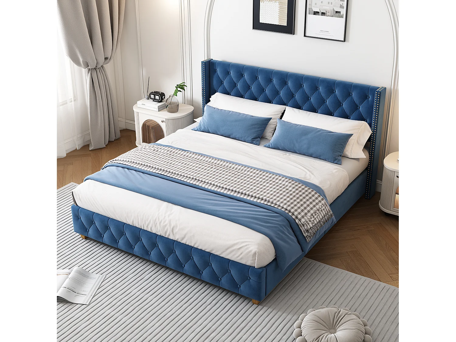 Lit adulte 160x200 cm - Lit double avec tête de lit et sommier à lattes en bois - velours bleu