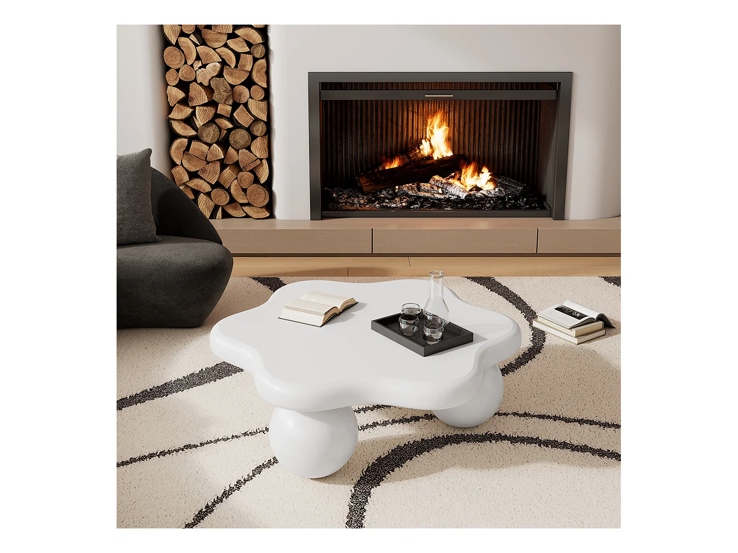 Table basse 80x72x32cm en forme de fleur avec 3 pieds épais, MDF, corps en blanc laqué