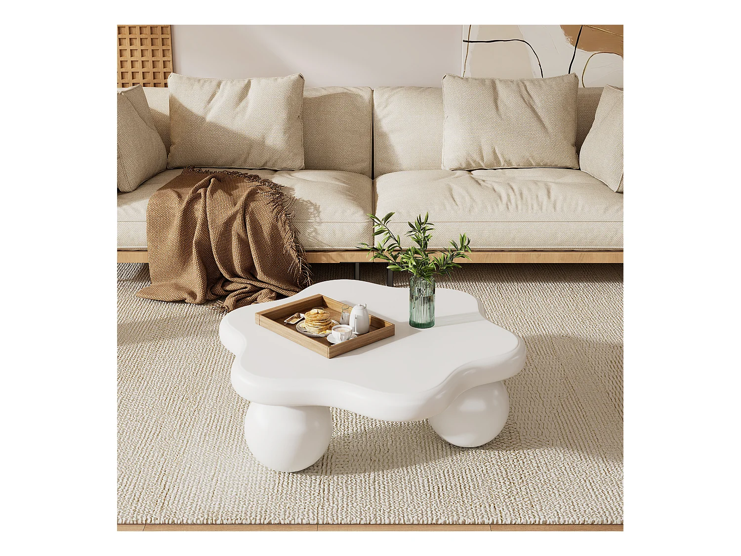 Table basse 80x72x32cm en forme de fleur avec 3 pieds épais, MDF, corps en blanc laqué