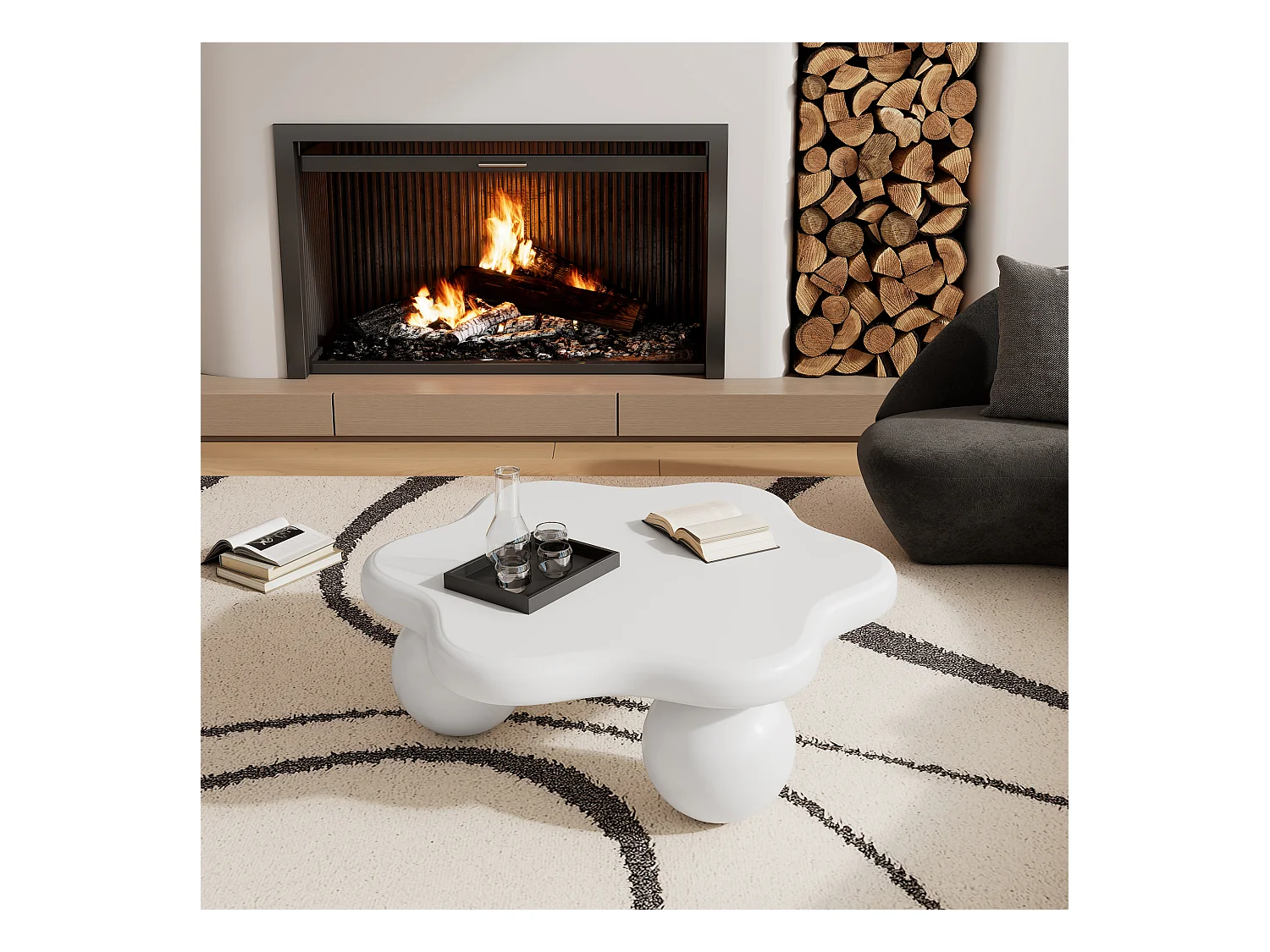 Table basse 80x72x32cm en forme de fleur avec 3 pieds épais, MDF, corps en blanc laqué