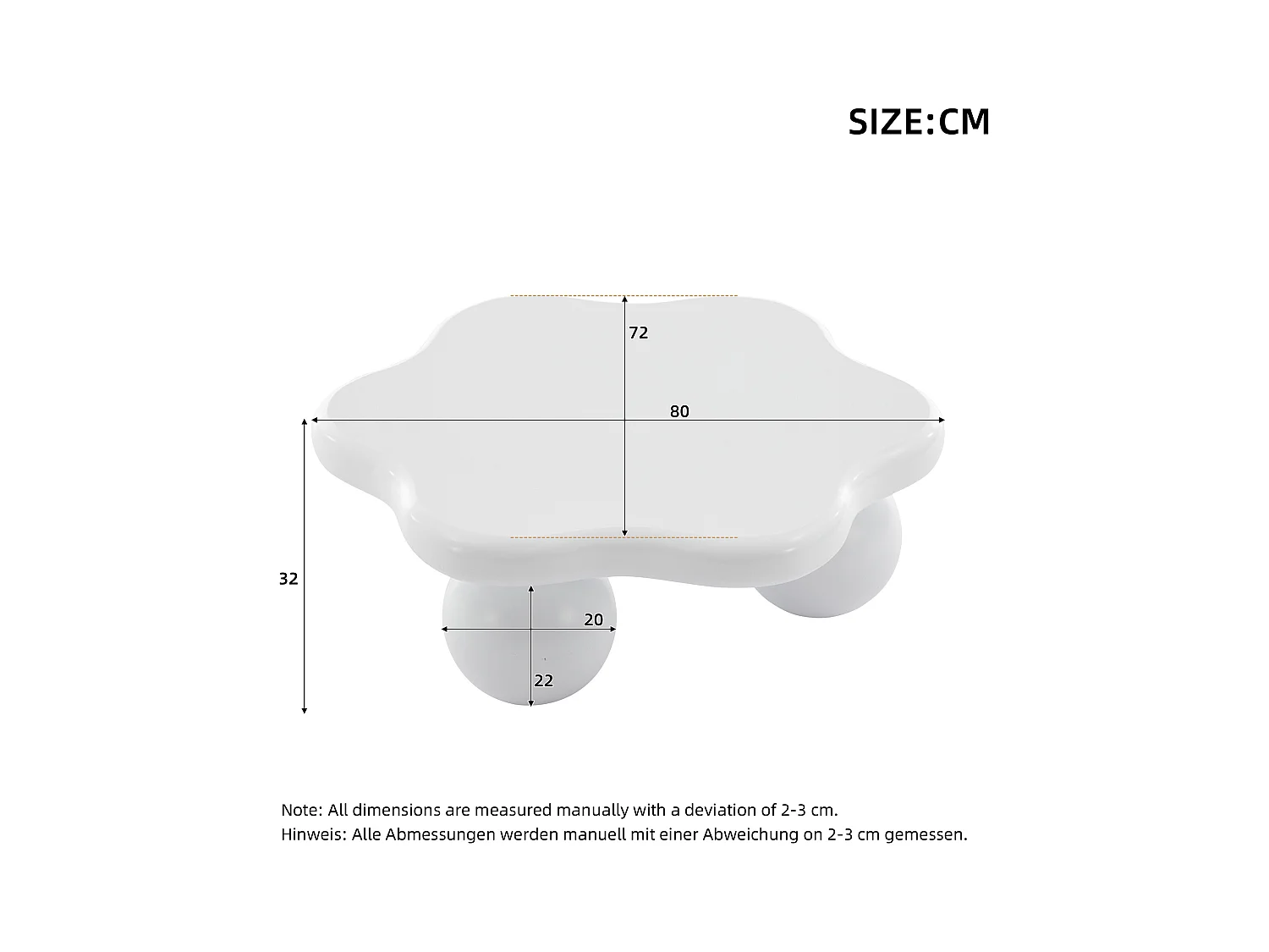 Table basse 80x72x32cm en forme de fleur avec 3 pieds épais, MDF, corps en blanc laqué