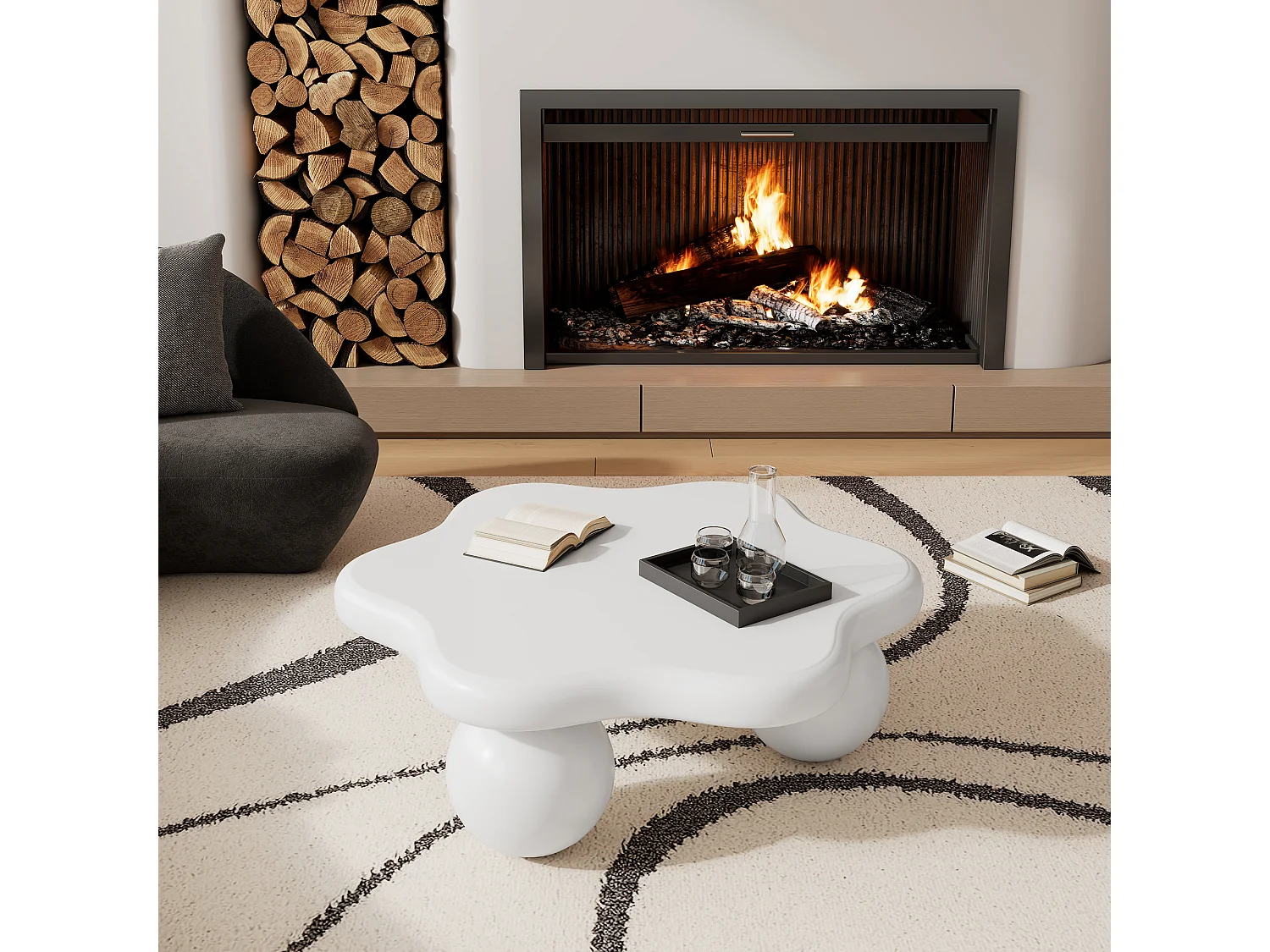 Table basse 80x72x32cm en forme de fleur avec 3 pieds épais, MDF, corps en blanc laqué