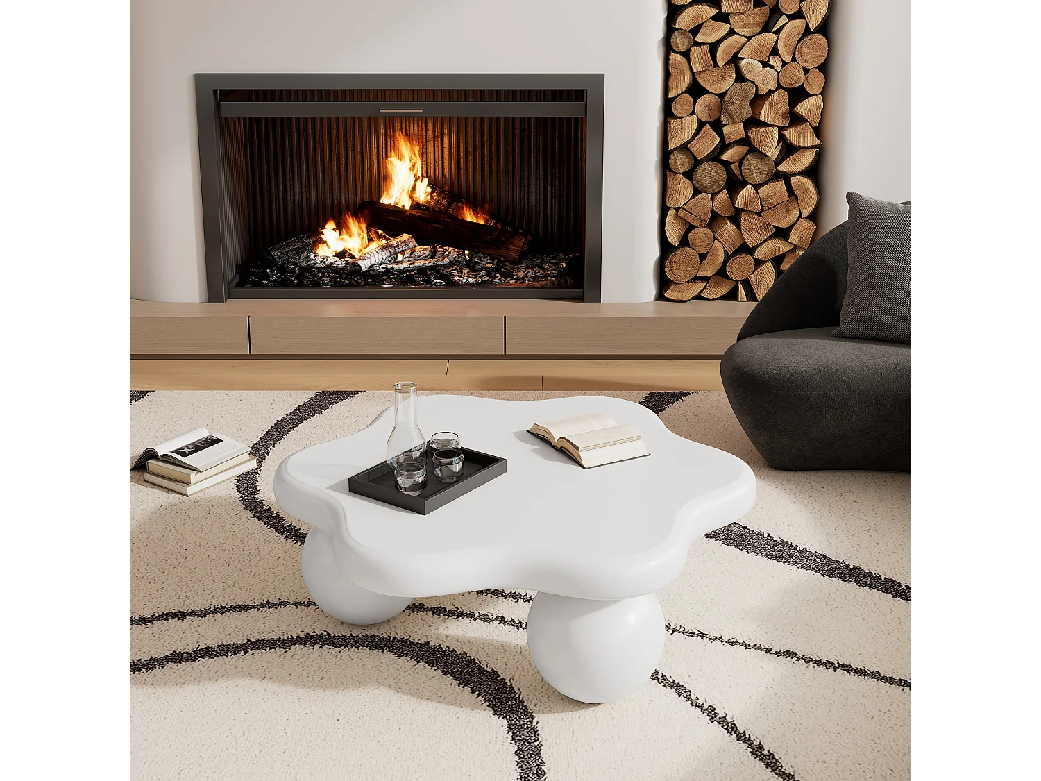 Table basse 80x72x32cm en forme de fleur avec 3 pieds épais, MDF, corps en blanc laqué