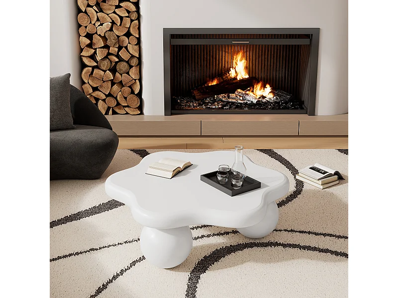 Salontafel 80x72x32cm in de vorm van een bloem met 3 dikke poten, MDF, onderstel in wit gelakt