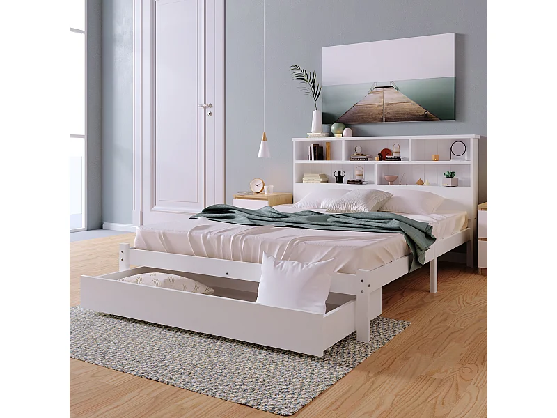 Lit adulte 140x200 cm blanc avec tiroir, lit enfant double, Tête de lit avec espace de rangement, bois, sans matelas