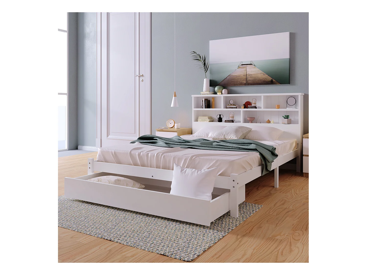 Lit adulte 140x200 cm blanc avec tiroir, lit enfant double, Tête de lit avec espace de rangement, bois, sans matelas