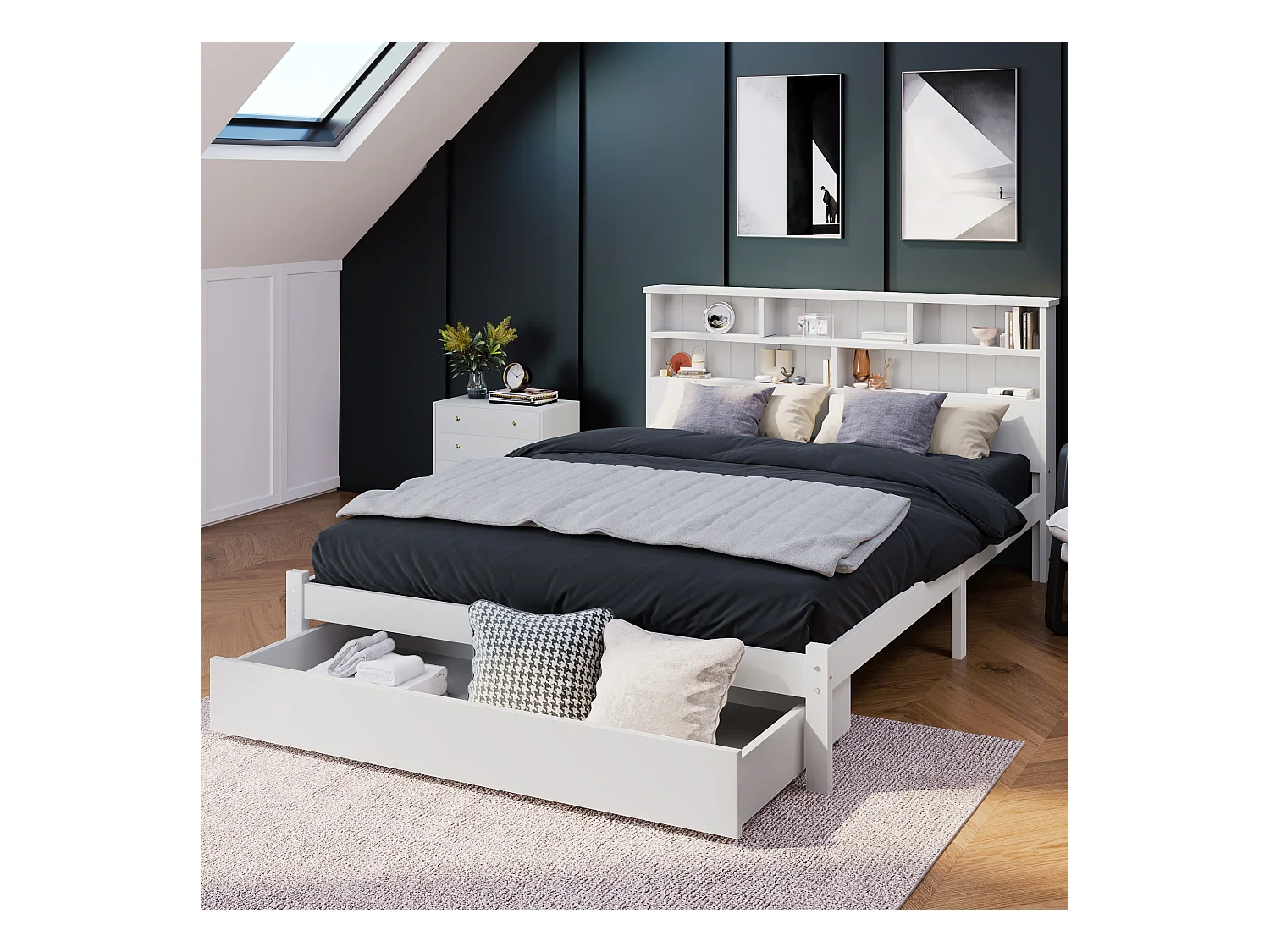 Lit adulte 140x200 cm blanc avec tiroir, lit enfant double, Tête de lit avec espace de rangement, bois, sans matelas