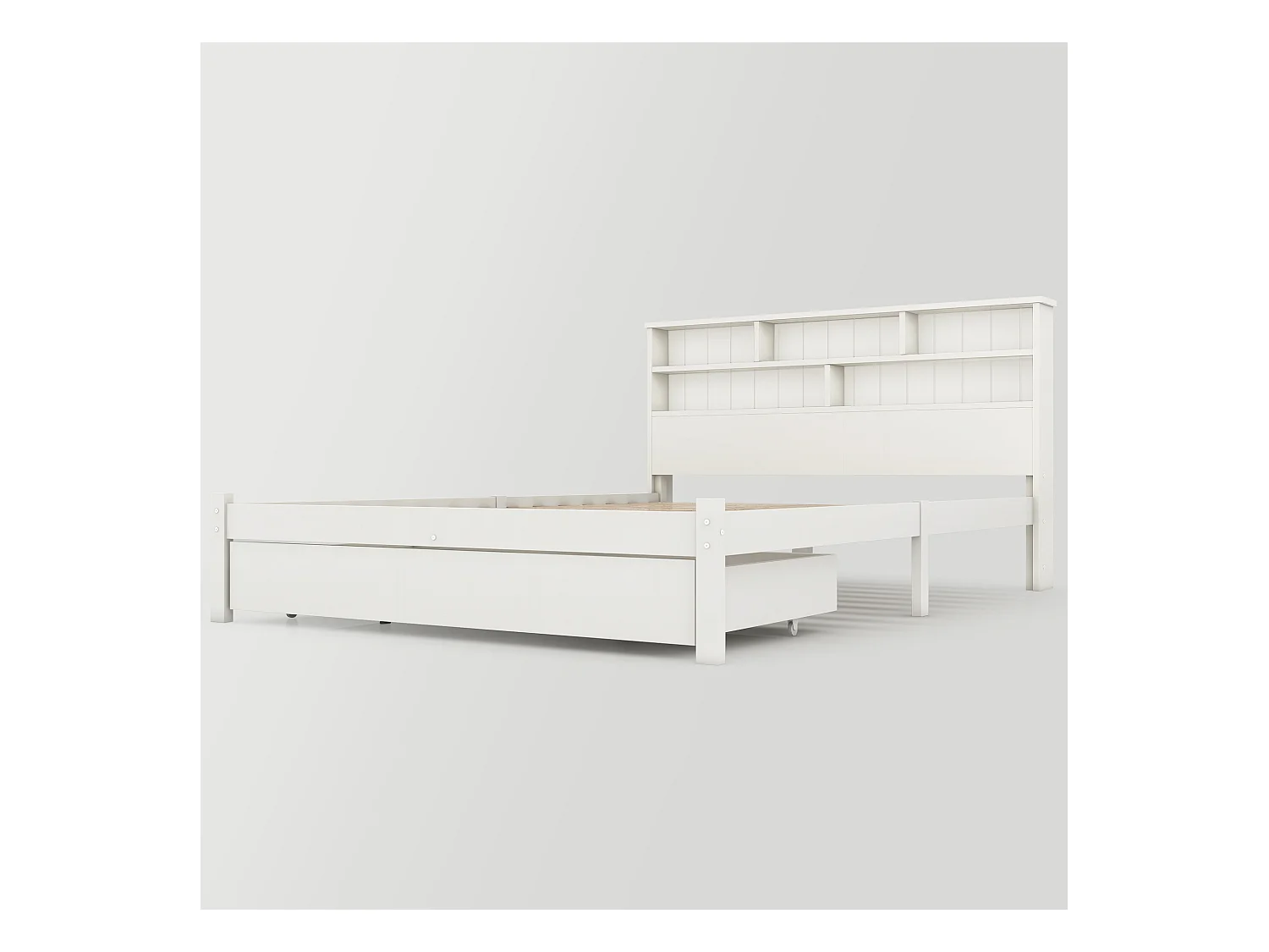 Lit adulte 140x200 cm blanc avec tiroir, lit enfant double, Tête de lit avec espace de rangement, bois, sans matelas