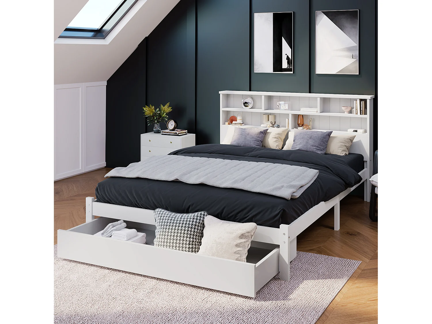 Lit adulte 140x200 cm blanc avec tiroir, lit enfant double, Tête de lit avec espace de rangement, bois, sans matelas