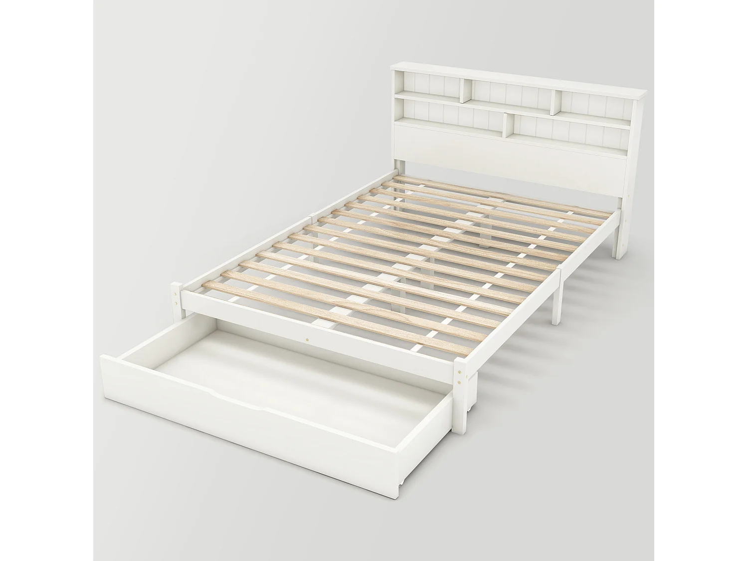 Lit adulte 140x200 cm blanc avec tiroir, lit enfant double, Tête de lit avec espace de rangement, bois, sans matelas