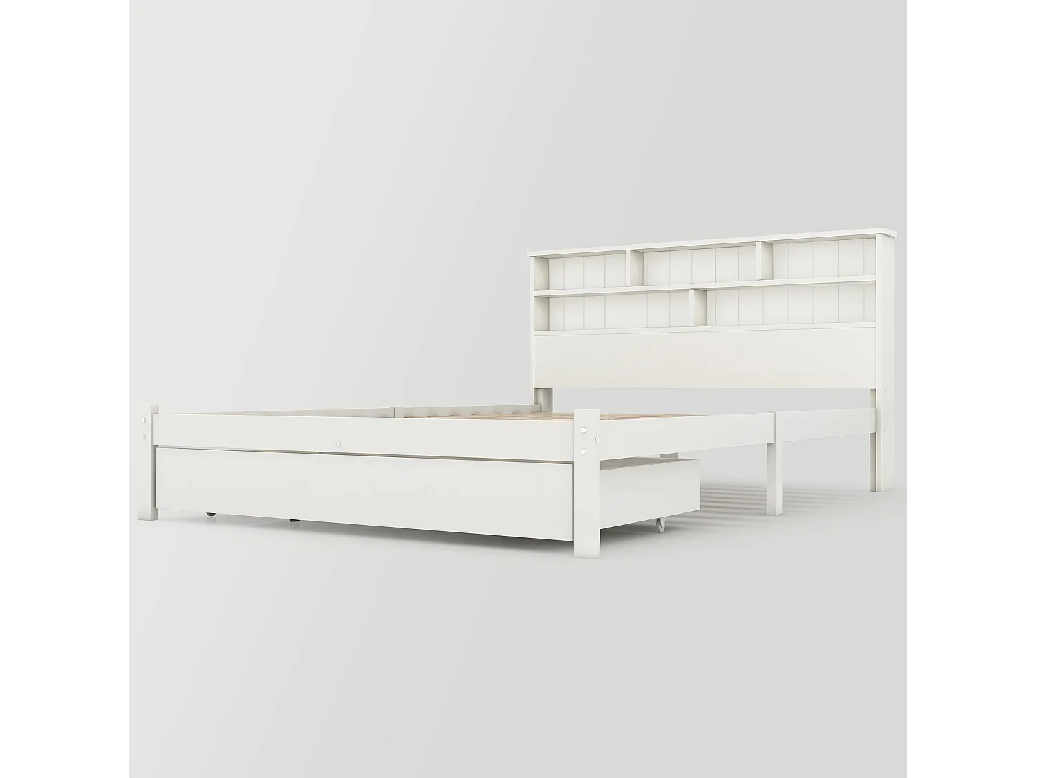 Lit adulte 140x200 cm blanc avec tiroir, lit enfant double, Tête de lit avec espace de rangement, bois, sans matelas