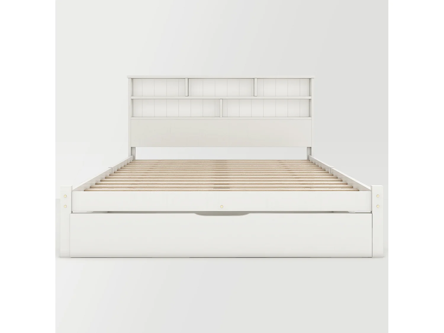 Lit adulte 140x200 cm blanc avec tiroir, lit enfant double, Tête de lit avec espace de rangement, bois, sans matelas