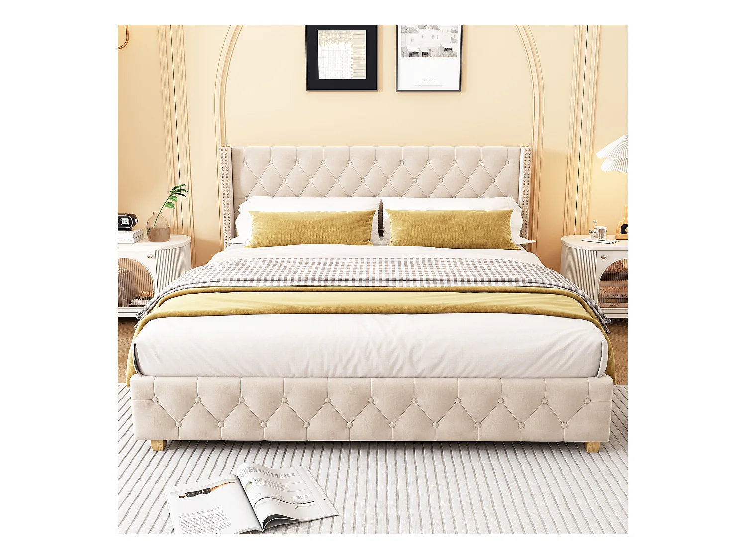 Lit double 180x200 cm - Lit adulte avec tête de lit et sommier à lattes en bois - velours beige clair