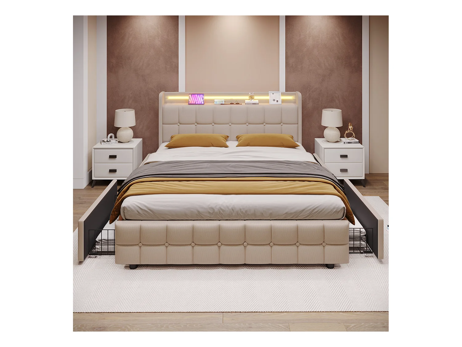Lit adulte 160x200cm - Lit double avec LED et recharge USB - 4 tiroirs de rangement - lin beige