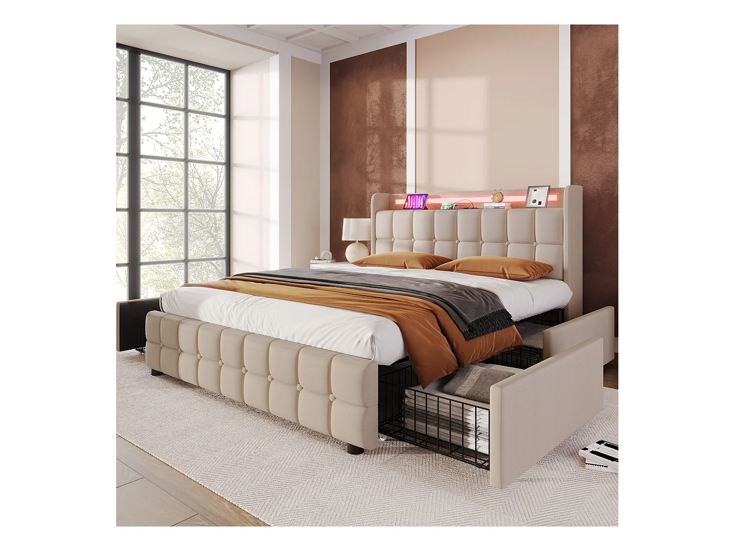 Lit adulte 160x200cm - Lit double avec LED et recharge USB - 4 tiroirs de rangement - lin beige