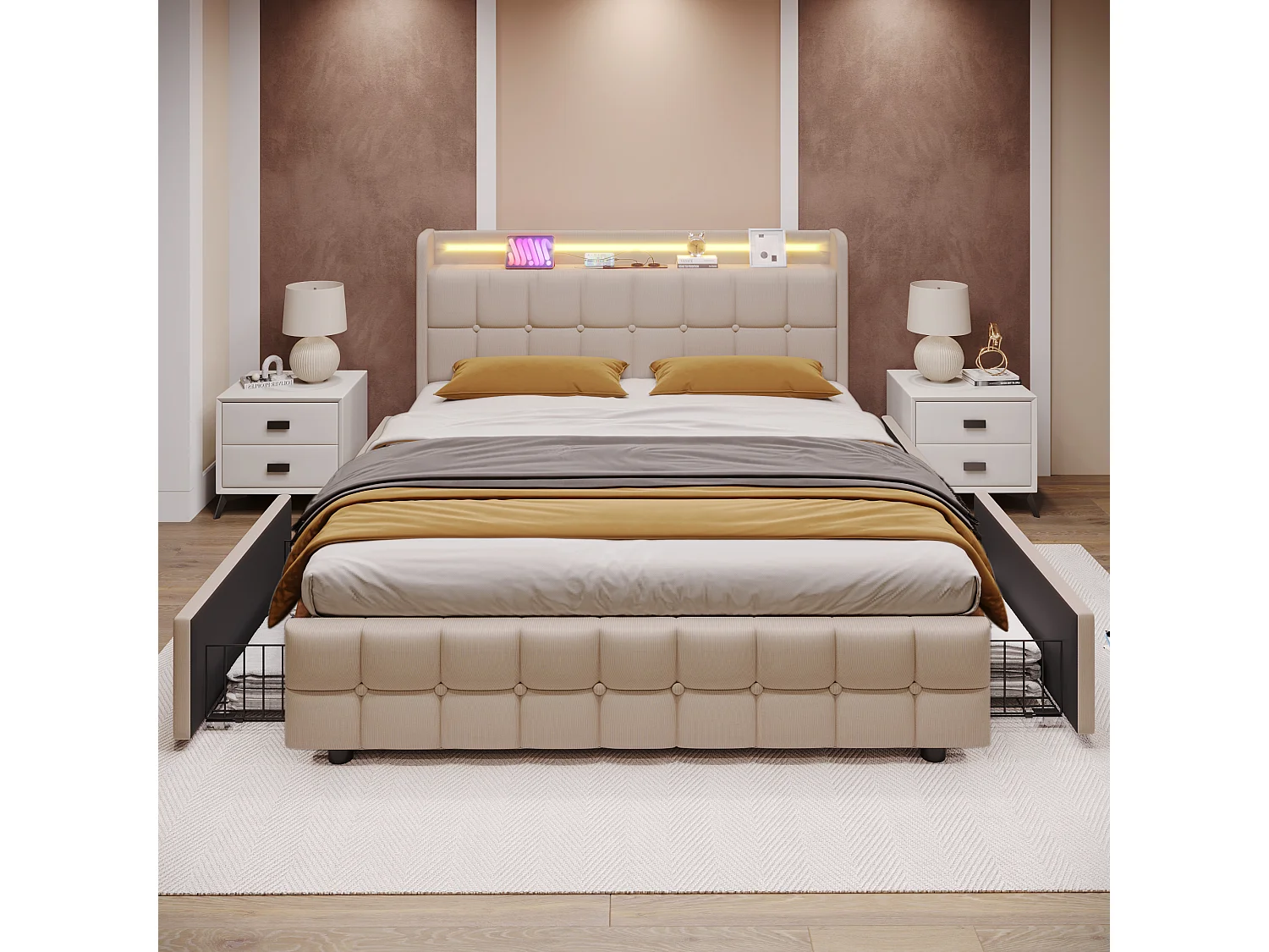 Lit adulte 160x200cm - Lit double avec LED et recharge USB - 4 tiroirs de rangement - lin beige