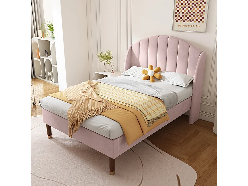 Lit enfant 90x200 cm - Lit simple avec tête de lit et sommier à lattes en bois - velours rose