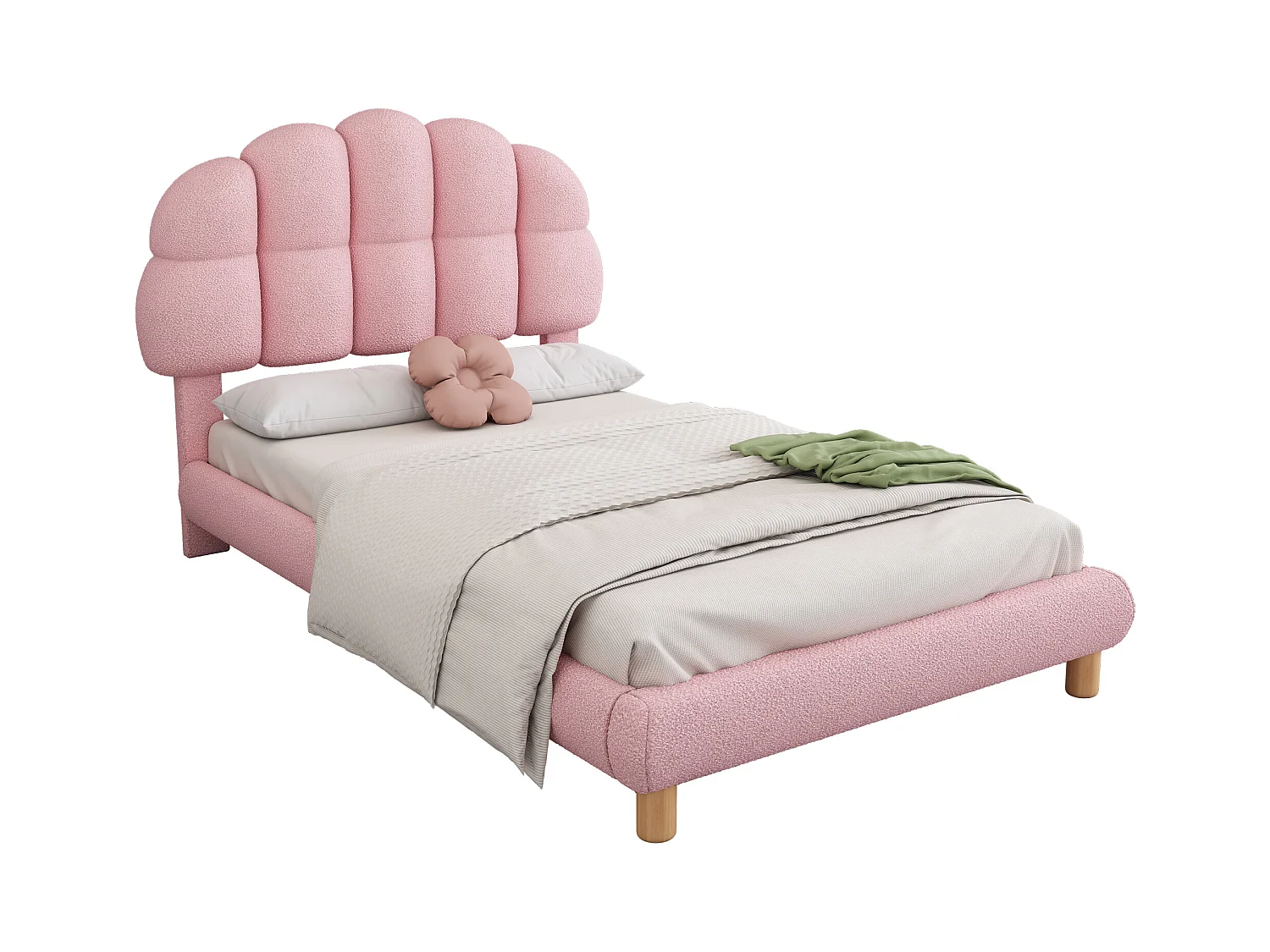 lit enfant simple 90x200cm, en velours rose avec tête de lit arrondie et structure sécurisée, sans matelas