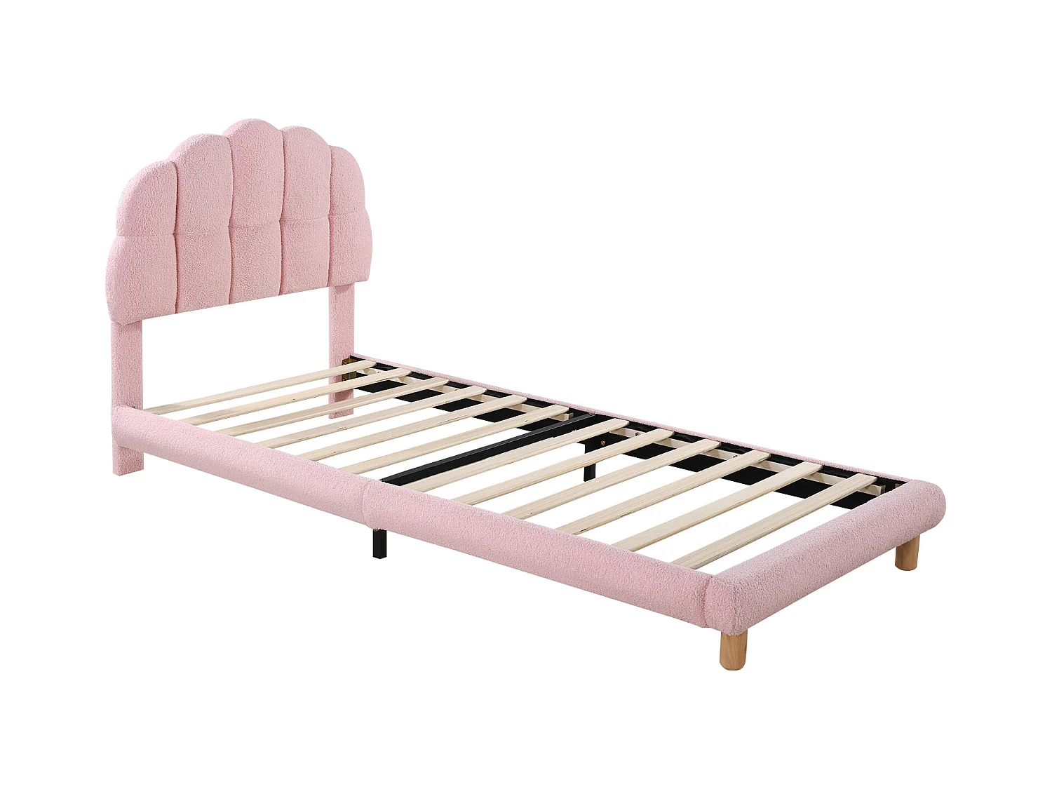 lit enfant simple 90x200cm, en velours rose avec tête de lit arrondie et structure sécurisée, sans matelas