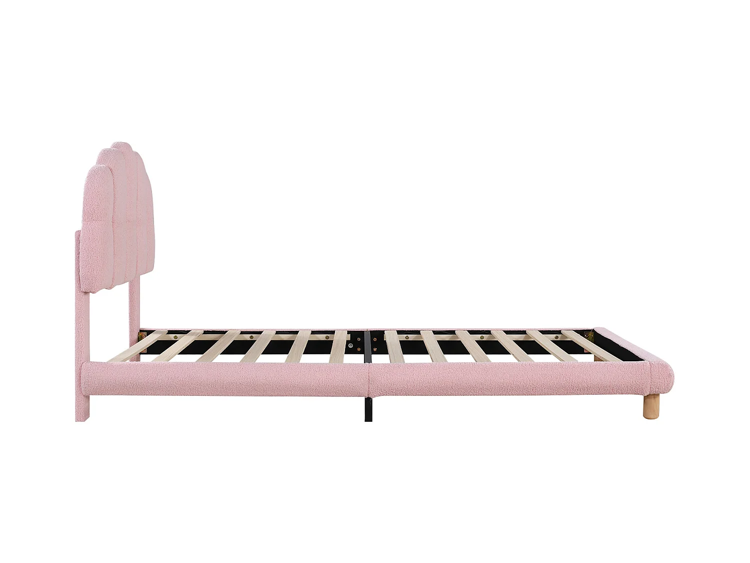 lit enfant simple 90x200cm, en velours rose avec tête de lit arrondie et structure sécurisée, sans matelas