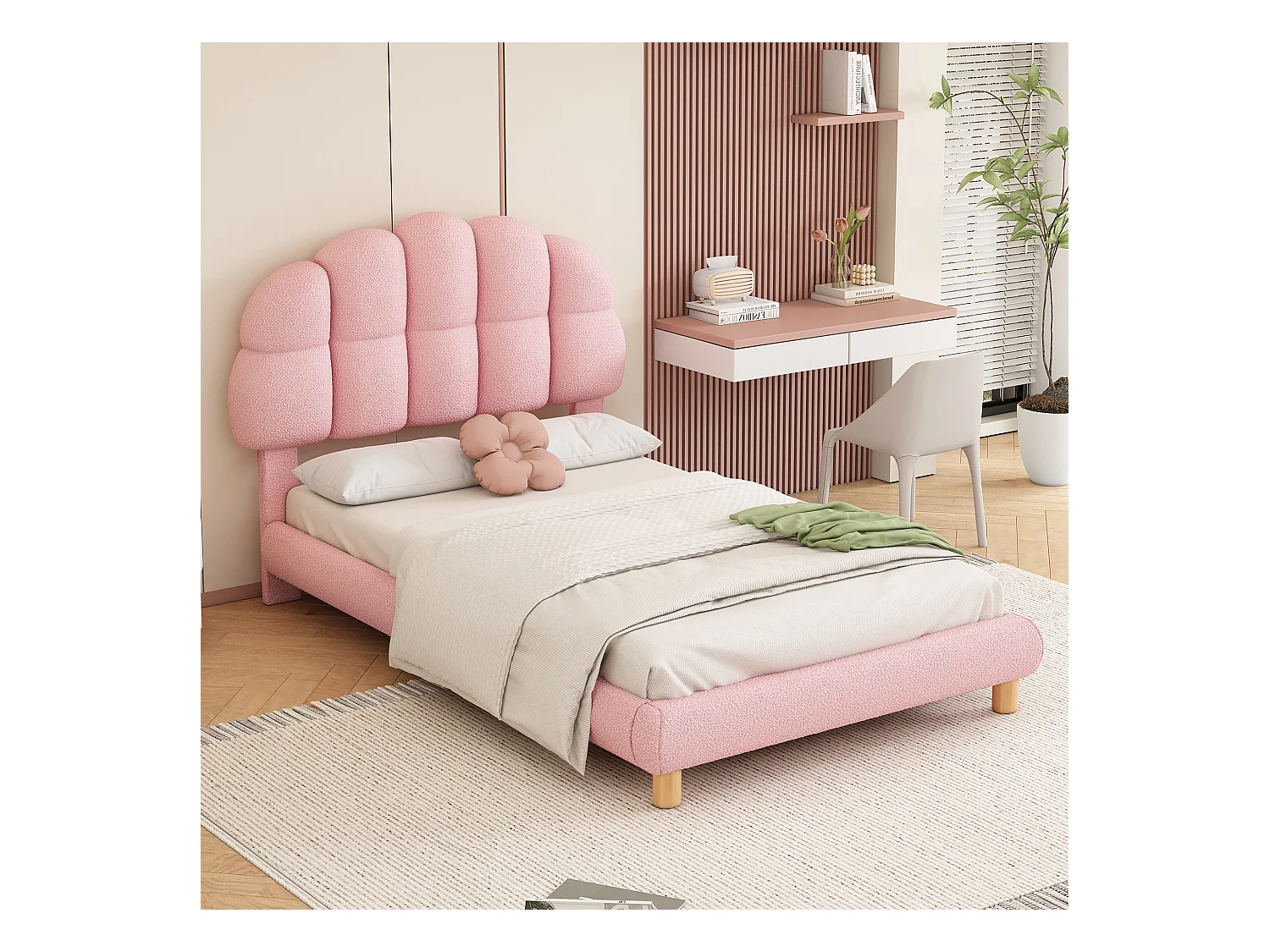 lit enfant simple 90x200cm, en velours rose avec tête de lit arrondie et structure sécurisée, sans matelas