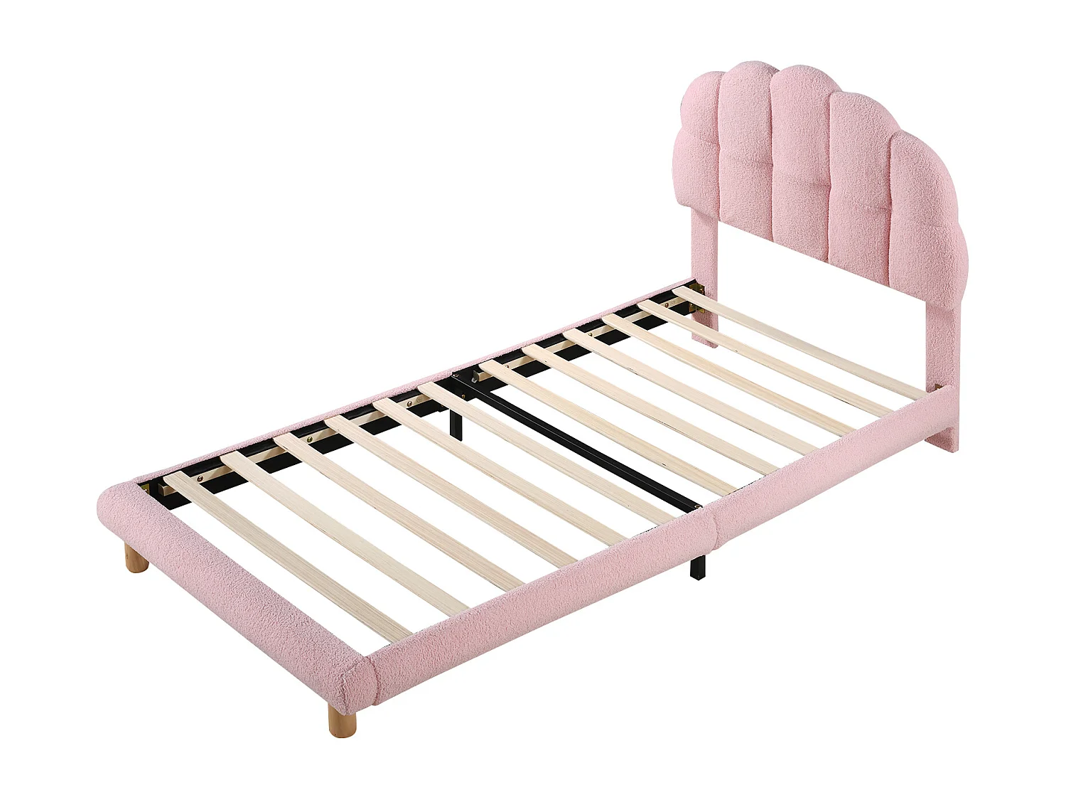 lit enfant simple 90x200cm, en velours rose avec tête de lit arrondie et structure sécurisée, sans matelas