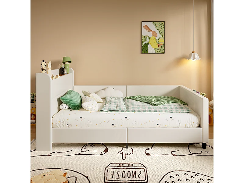 lit simple enfant 90x200 cm, en PU blanc avec rangements et barrière de sécurité(sans matelas)